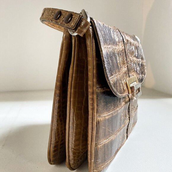Vintage 50s 60s Faux Croc Skin Brown Square Handbag - Picture 4 of 8